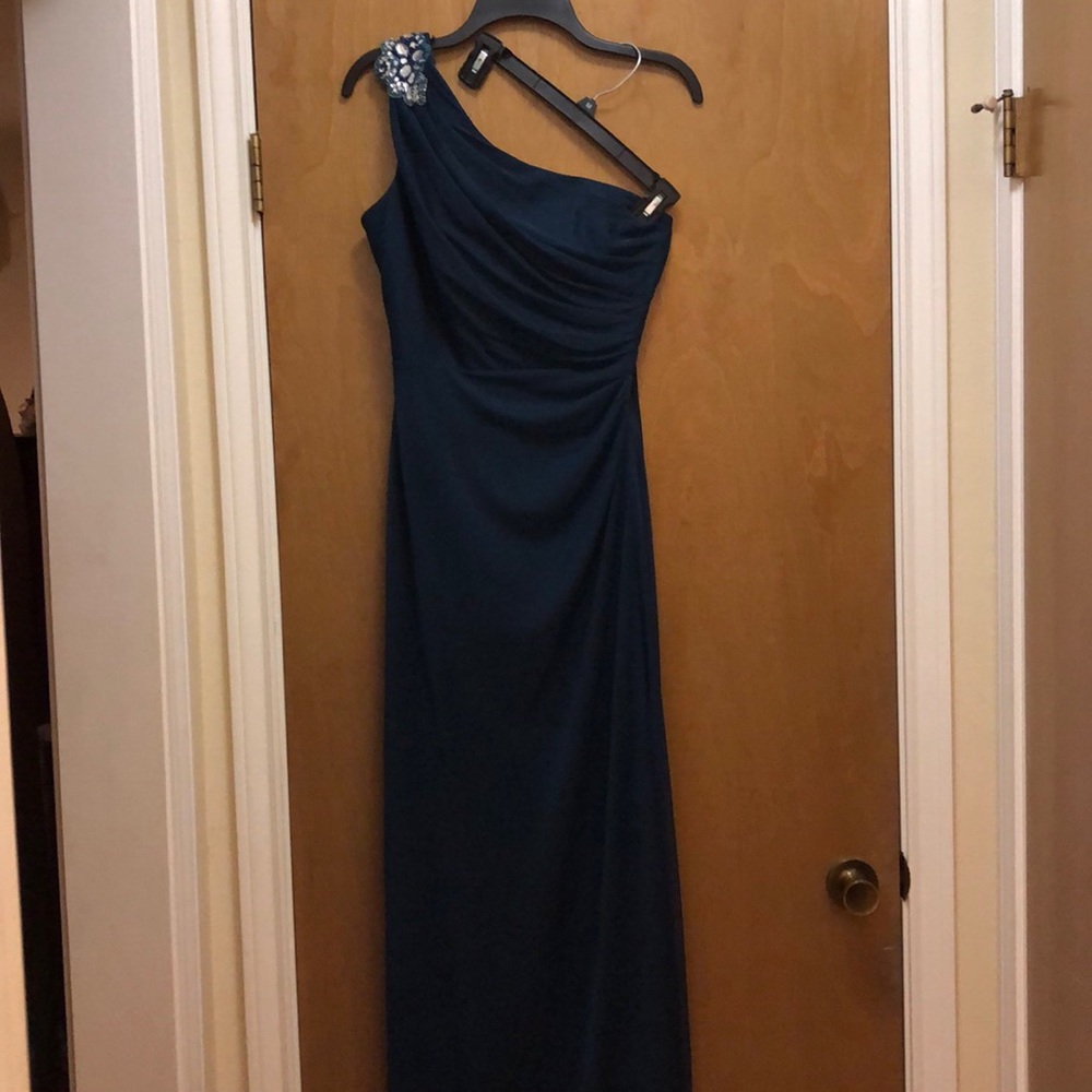 Teal one shoulder evening gown